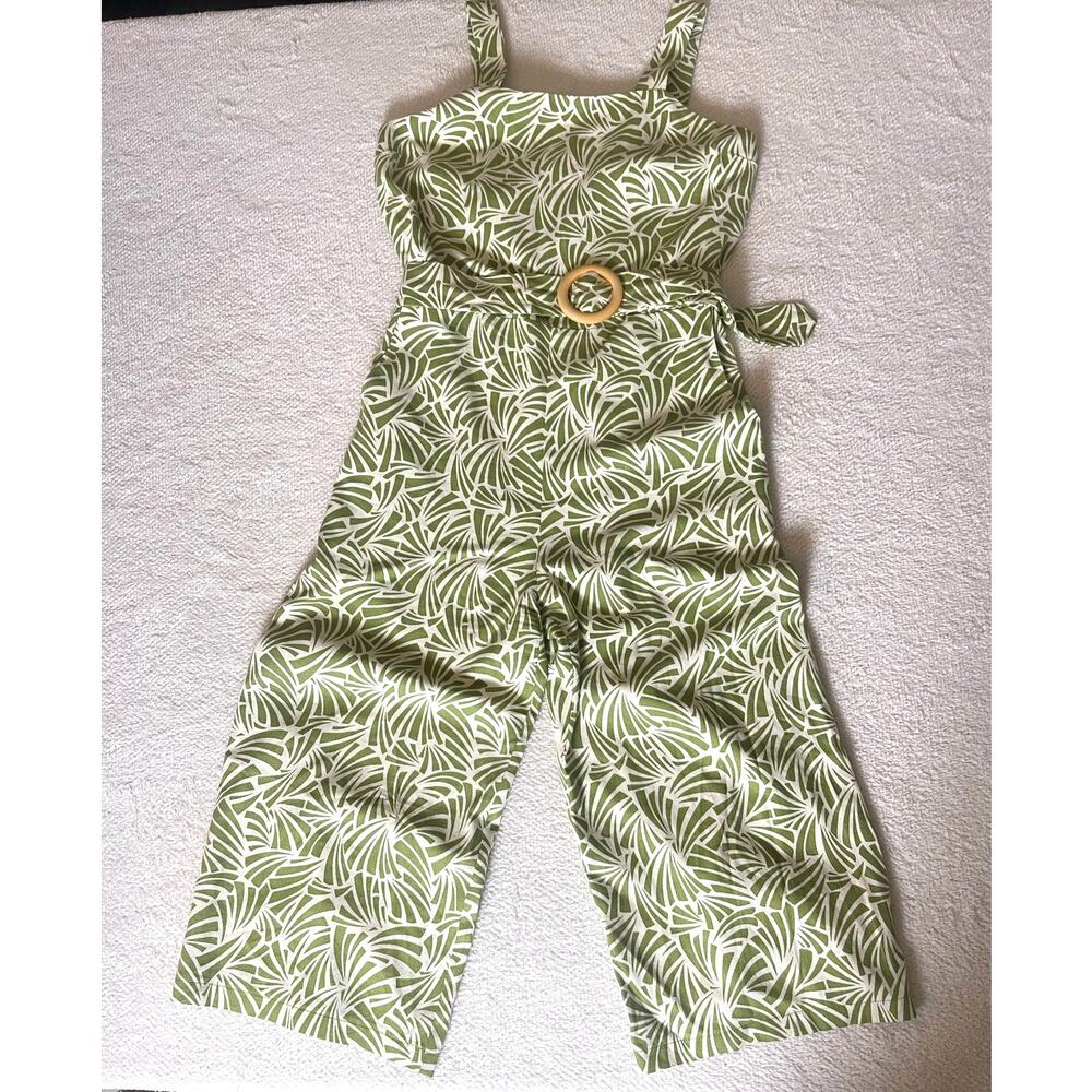 Monteau Women's Belted Jumpsuit Green L Linen Tropical Print Coastal Lagenlook